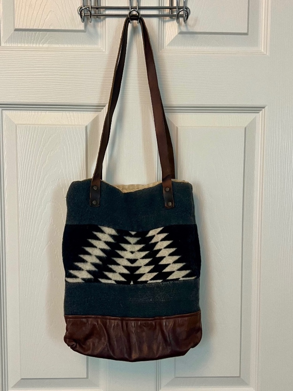 NAN-MADE Upcycled Pendleton Wool & Leather Aztec Tote Purse Travel Bag